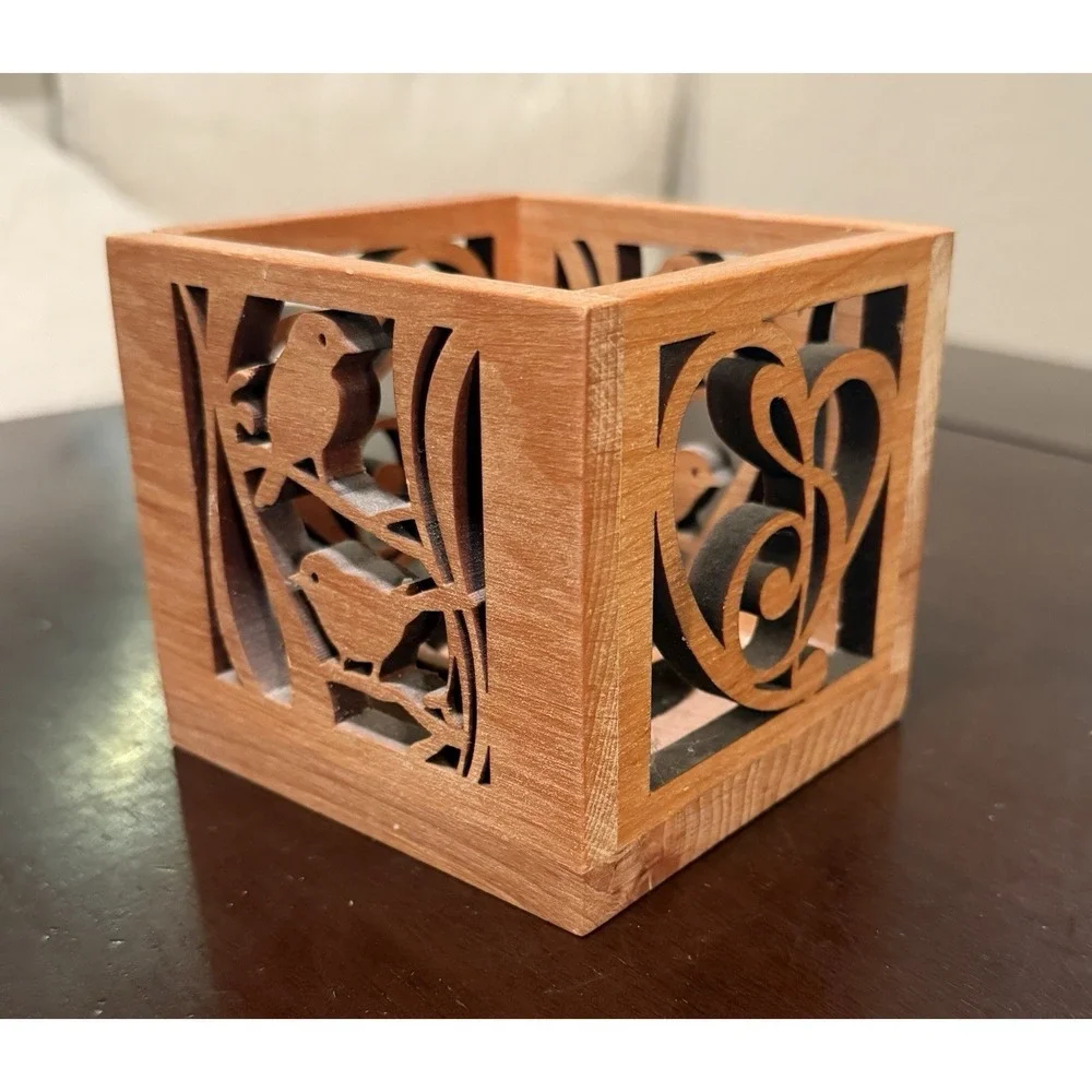 Carved Alder Wood Cube Tea Light Holder Birds, Hearts Made by Almeda in Czech 4